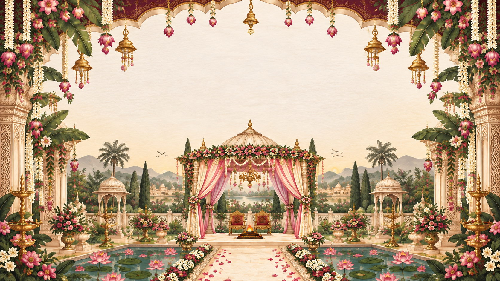 Illustrated palace garden with a floral wedding mandap by a lotus pond