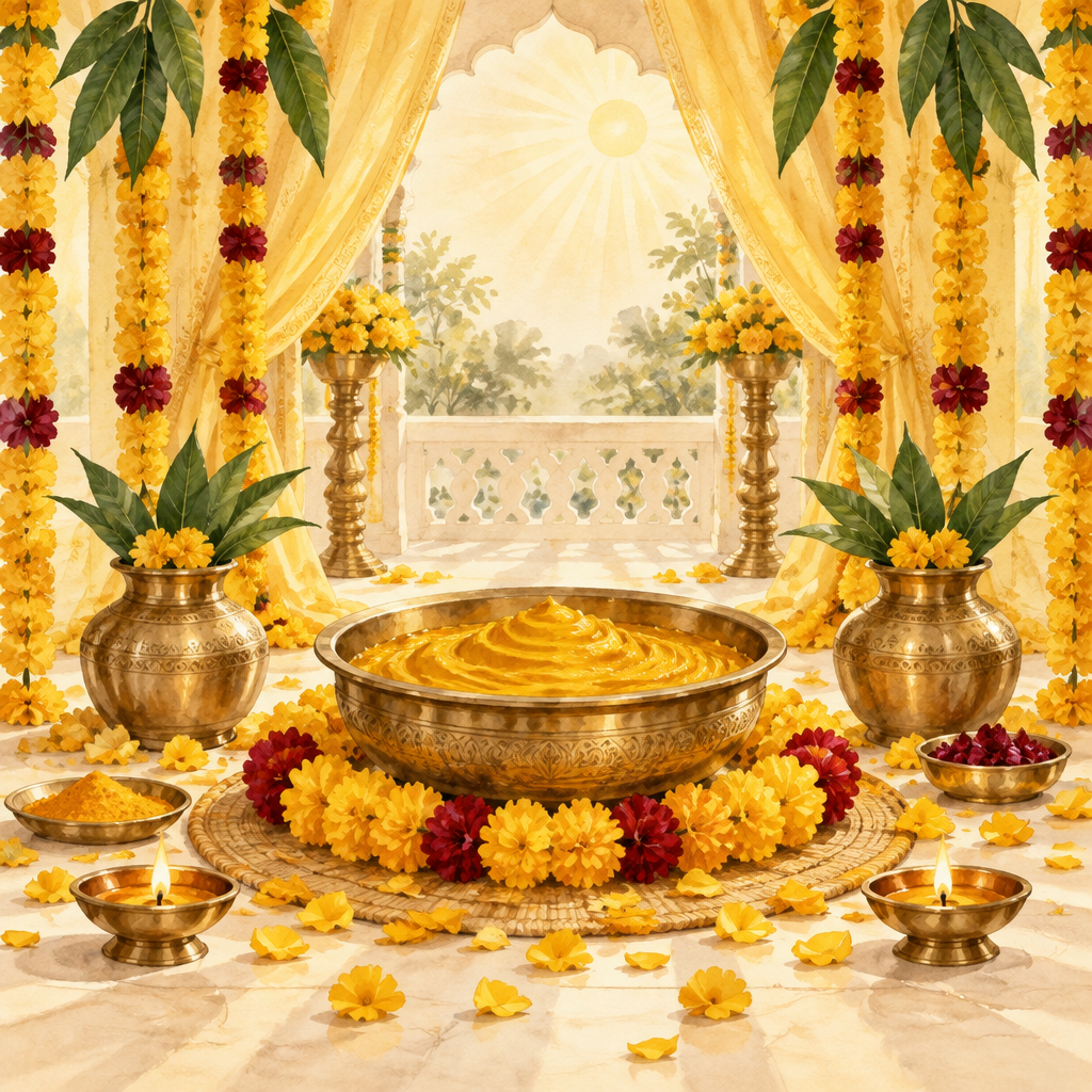 Illustrated turmeric bowl with marigold garlands for the haldi