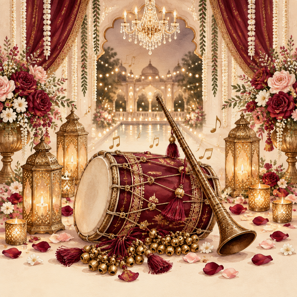 Illustrated dholak, shehnai and glowing lanterns for the sangeet evening