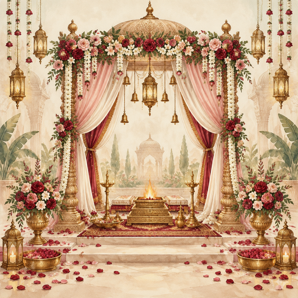 Illustrated floral mandap with sacred fire and hanging lanterns